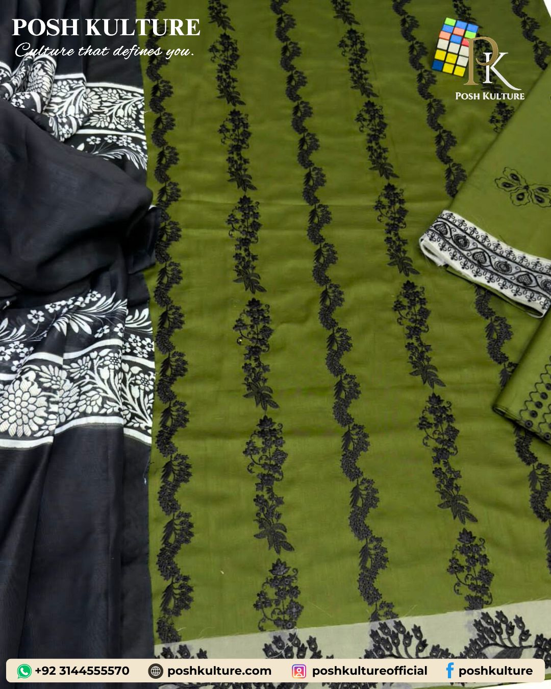 3PC Unstitched Luxury Lawn Suit – Moss Green Eid Edition