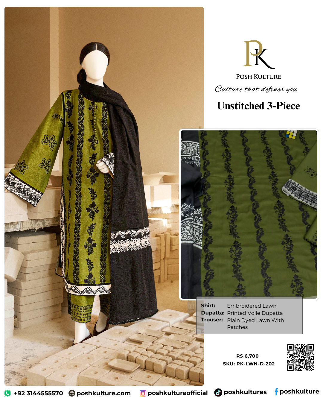 3PC Unstitched Luxury Lawn Suit – Moss Green Eid Edition